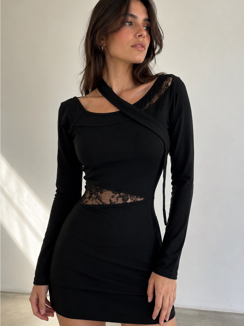 Black Lace Cutout Bodycon Mini Dress Y2K Fitted Date Night Sexy Cocktail Cutout